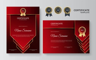Lüks rozetli ve modern çizgili kırmızı ve altın sertifikalı sınır şablonu. Ödül, iş, ödül, başarı ve eğitim ihtiyaçları için