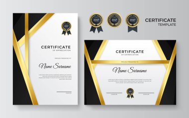 Lüks rozetli ve modern çizgili sınır şablonunun siyah ve altın sertifikası. Ödül, iş, ödül, başarı ve eğitim ihtiyaçları için