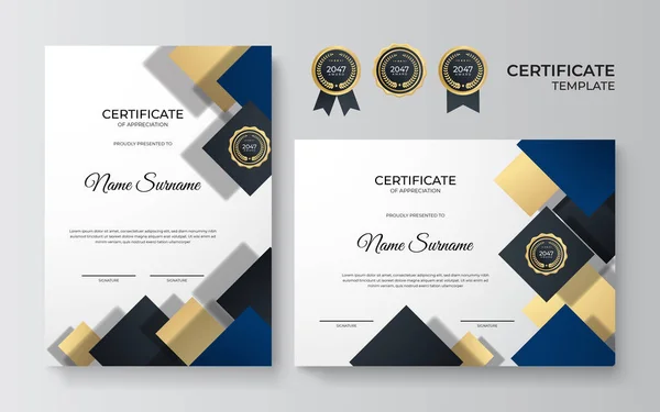 Certificado Azul Dourado Modelo Fronteira Realização Com Crachá Luxo Padrão — Vetor de Stock