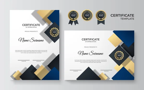 Plantilla Borde Azul Dorado Certificado Logro Con Insignia Lujo Patrón — Archivo Imágenes Vectoriales