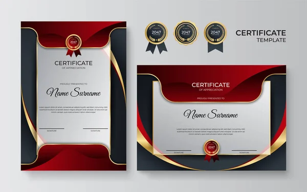 Certificado Rojo Dorado Plantilla Frontera Logro Con Insignia Lujo Patrón — Vector de stock