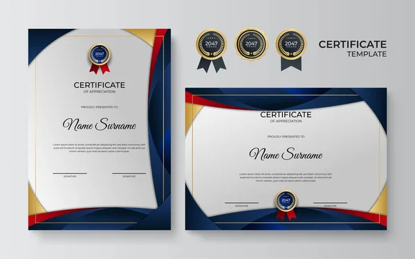 Plantilla Borde Azul Dorado Certificado Logro Con Insignia Lujo Patrón — Vector de stock