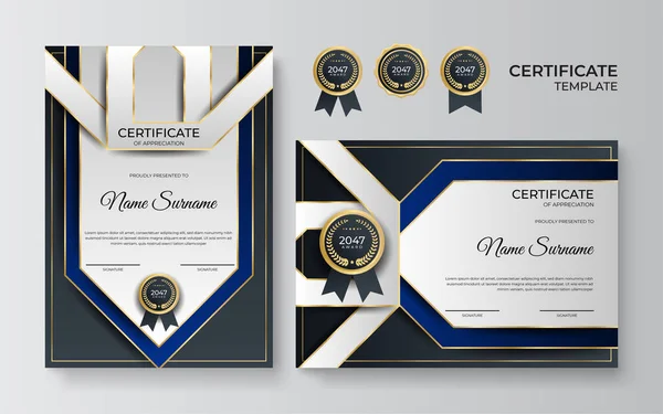 Certificado Azul Dourado Modelo Fronteira Realização Com Crachá Luxo Padrão — Vetor de Stock