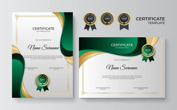 Certificato Verde Scuro Oro Del Modello Bordo Realizzazione Con Distintivo — Vettoriale Stock