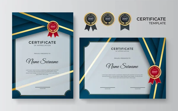 Plantilla Borde Azul Dorado Certificado Logro Con Insignia Lujo Patrón — Vector de stock