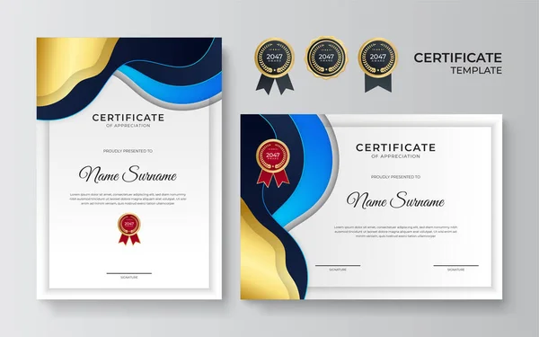 Certificato Blu Oro Del Modello Bordo Realizzazione Con Distintivo Lusso — Vettoriale Stock