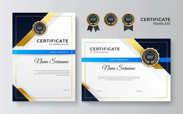 Plantilla Borde Azul Dorado Certificado Logro Con Insignia Lujo Patrón — Vector de stock