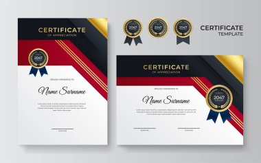 Ödül, diploma ve baskı için modern kırmızı sertifika şablonu ve sınırı. Altın rozetli ve sınırlı kırmızı ve altın renkli başarı sertifikası