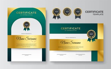 Modern yeşil sertifika şablonu ve sınır, ödül, diploma ve baskı için. Altın rozetli ve sınırlı yeşil ve altın renkli başarı sertifikası