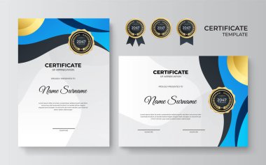 Modern mavi sertifika şablonu ve sınır, ödül, diploma ve baskı için. Altın rozetli ve sınırlı mavi ve altın renkli başarı sertifikası