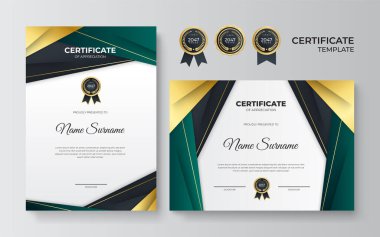 Modern yeşil sertifika şablonu ve sınır, ödül, diploma ve baskı için. Altın rozetli ve sınırlı yeşil ve altın renkli başarı sertifikası