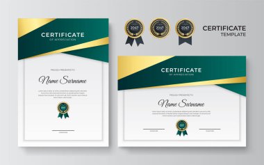 Modern yeşil sertifika şablonu ve sınır, ödül, diploma ve baskı için. Altın rozetli ve sınırlı yeşil ve altın renkli başarı sertifikası