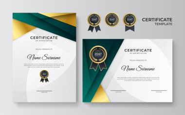 Modern yeşil sertifika şablonu ve sınır, ödül, diploma ve baskı için. Altın rozetli ve sınırlı yeşil ve altın renkli başarı sertifikası
