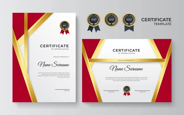 现代红色证书模板和边框 用于奖励 证书和印刷 带有金章和边框的红色和金色精美成绩证书模板 — 图库矢量图片