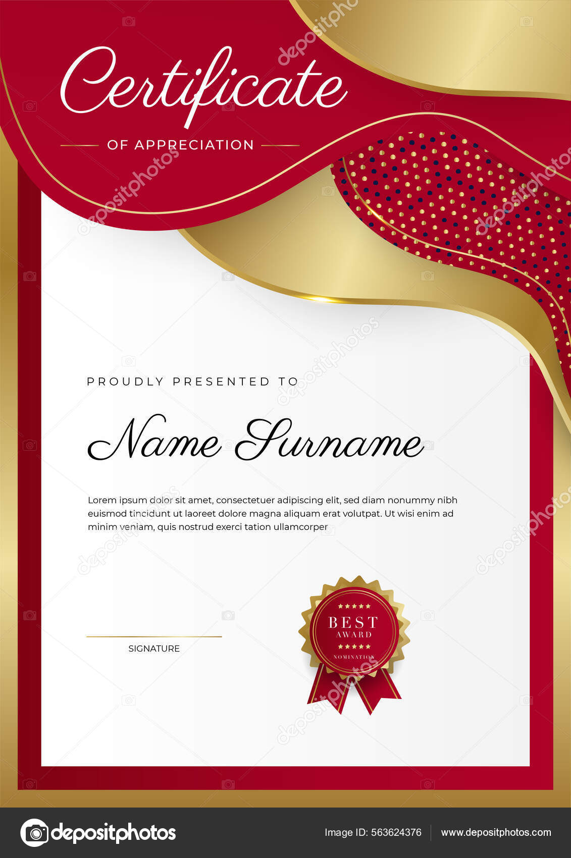 Certificado Ouro Vermelho Elegante Moderno Modelo Realização Com Crachá  Ouro Vetor de ©salmanalfa 563624376, image size:1131x1700