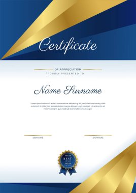 Altın rozetli ve sınırlı modern mavi ve altın sertifikalı başarı şablonu. Diploma, ödül, iş, üniversite, okul ve şirket için tasarlandı..