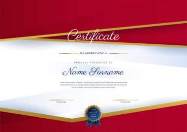 Altın rozetli ve sınırlı modern kırmızı ve altın sertifikalı başarı şablonu. Diploma, ödül, iş, üniversite, okul, geçmiş ve şirket için tasarlandı.