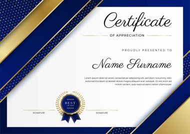 Altın rozetli ve sınırlı modern mavi ve altın sertifikalı başarı şablonu. Diploma, ödül, iş, üniversite, okul ve şirket için tasarlandı..