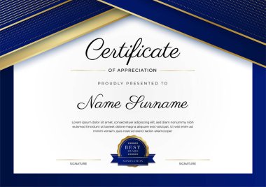 Altın rozetli ve sınırlı modern mavi ve altın sertifikalı başarı şablonu. Diploma, ödül, iş, üniversite, okul ve şirket için tasarlandı..