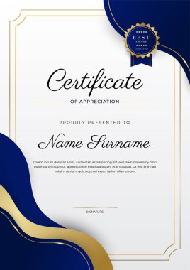 Altın rozetli ve sınırlı modern mavi ve altın sertifikalı başarı şablonu. Diploma, ödül, iş, üniversite, okul ve şirket için tasarlandı..