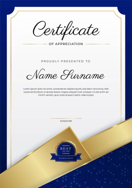 Altın rozetli ve sınırlı modern mavi ve altın sertifikalı başarı şablonu. Diploma, ödül, iş, üniversite, okul ve şirket için tasarlandı..