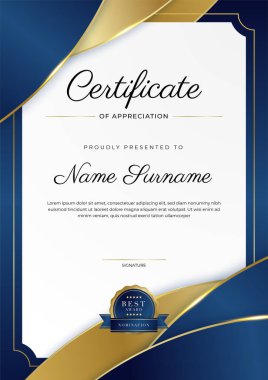 Altın rozetli ve sınırlı modern mavi ve altın sertifikalı başarı şablonu. Diploma, ödül, iş, üniversite, okul ve şirket için tasarlandı..