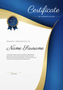 Altın rozetli ve sınırlı modern mavi ve altın sertifikalı başarı şablonu. Diploma, ödül, iş, üniversite, okul ve şirket için tasarlandı..