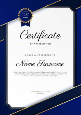 Altın rozetli ve sınırlı modern mavi ve altın sertifikalı başarı şablonu. Diploma, ödül, iş, üniversite, okul ve şirket için tasarlandı..