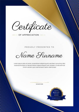Altın rozetli ve sınırlı modern mavi ve altın sertifikalı başarı şablonu. Diploma, ödül, iş, üniversite, okul ve şirket için tasarlandı..