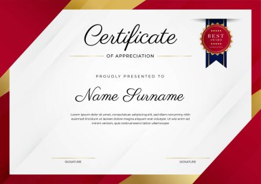 Altın rozetli ve sınırlı modern kırmızı ve altın sertifikalı başarı şablonu. Diploma, ödül, iş, üniversite, okul, geçmiş ve şirket için tasarlandı.