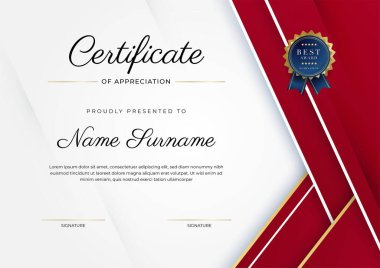 Altın rozetli ve sınırlı modern kırmızı ve altın sertifikalı başarı şablonu. Diploma, ödül, iş, üniversite, okul, geçmiş ve şirket için tasarlandı.