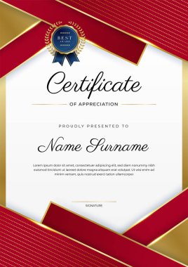 Altın rozetli ve sınırlı modern kırmızı ve altın sertifikalı başarı şablonu. Diploma, ödül, iş, üniversite, okul, geçmiş ve şirket için tasarlandı.
