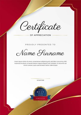 Altın rozetli ve sınırlı modern kırmızı ve altın sertifikalı başarı şablonu. Diploma, ödül, iş, üniversite, okul, geçmiş ve şirket için tasarlandı.