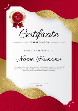 Altın rozetli ve sınırlı modern kırmızı ve altın sertifikalı başarı şablonu. Diploma, ödül, iş, üniversite, okul, geçmiş ve şirket için tasarlandı.