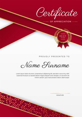 Altın rozetli ve sınırlı modern kırmızı ve altın sertifikalı başarı şablonu. Diploma, ödül, iş, üniversite, okul, geçmiş ve şirket için tasarlandı.