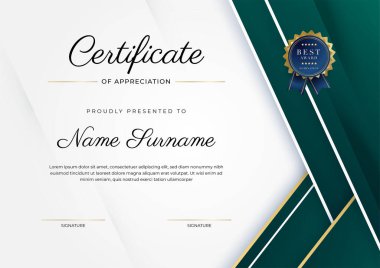 Altın rozetli ve sınırlı modern koyu yeşil ve altın sertifikalı başarı şablonu. Diploma, ödül, iş, üniversite, okul, geçmiş ve şirket için tasarlandı.