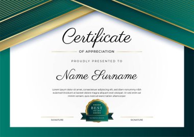 Altın rozetli ve sınırlı modern koyu yeşil ve altın sertifikalı başarı şablonu. Diploma, ödül, iş, üniversite, okul, geçmiş ve şirket için tasarlandı.