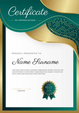 Altın rozetli ve sınırlı modern koyu yeşil ve altın sertifikalı başarı şablonu. Diploma, ödül, iş, üniversite, okul, geçmiş ve şirket için tasarlandı.