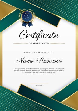 Altın rozetli ve sınırlı modern koyu yeşil ve altın sertifikalı başarı şablonu. Diploma, ödül, iş, üniversite, okul, geçmiş ve şirket için tasarlandı.