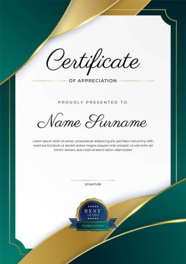 Altın rozetli ve sınırlı modern koyu yeşil ve altın sertifikalı başarı şablonu. Diploma, ödül, iş, üniversite, okul, geçmiş ve şirket için tasarlandı.