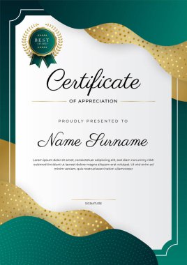 Altın rozetli ve sınırlı modern koyu yeşil ve altın sertifikalı başarı şablonu. Diploma, ödül, iş, üniversite, okul, geçmiş ve şirket için tasarlandı.