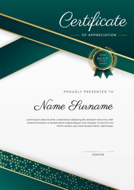 Altın rozetli ve sınırlı modern koyu yeşil ve altın sertifikalı başarı şablonu. Diploma, ödül, iş, üniversite, okul, geçmiş ve şirket için tasarlandı.