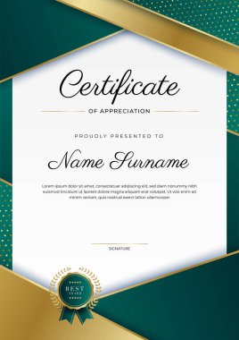 Altın rozetli ve sınırlı modern koyu yeşil ve altın sertifikalı başarı şablonu. Diploma, ödül, iş, üniversite, okul, geçmiş ve şirket için tasarlandı.
