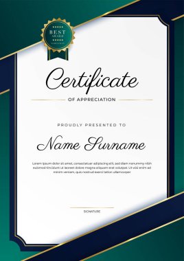Altın rozetli ve sınırlı modern koyu yeşil ve altın sertifikalı başarı şablonu. Diploma, ödül, iş, üniversite, okul, geçmiş ve şirket için tasarlandı.