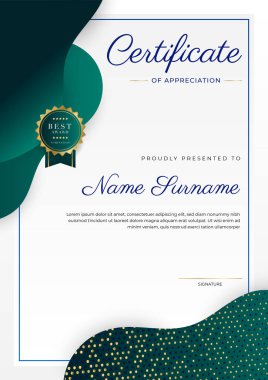 Altın rozetli ve sınırlı modern koyu yeşil ve altın sertifikalı başarı şablonu. Diploma, ödül, iş, üniversite, okul, geçmiş ve şirket için tasarlandı.