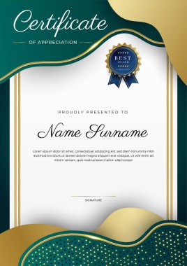 Altın rozetli ve sınırlı modern koyu yeşil ve altın sertifikalı başarı şablonu. Diploma, ödül, iş, üniversite, okul, geçmiş ve şirket için tasarlandı.