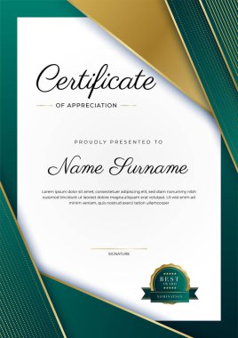 Altın rozetli ve sınırlı modern koyu yeşil ve altın sertifikalı başarı şablonu. Diploma, ödül, iş, üniversite, okul, geçmiş ve şirket için tasarlandı.