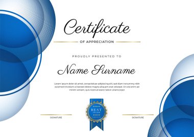 Altın rozetli ve sınırlı modern mavi ve altın sertifikalı başarı şablonu. Diploma, ödül, iş, üniversite, okul ve şirket için tasarlandı..