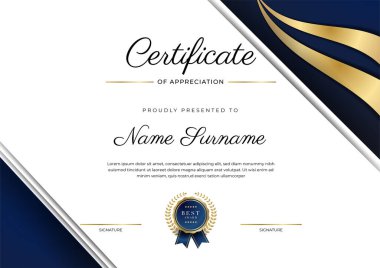 Altın rozetli ve sınırlı modern mavi ve altın sertifikalı başarı şablonu. Diploma, ödül, iş, üniversite, okul ve şirket için tasarlandı..
