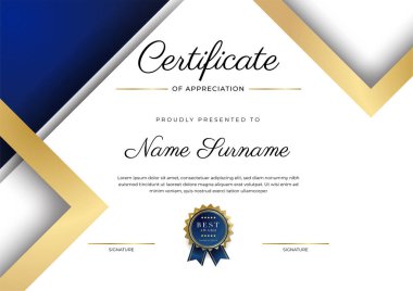 Altın rozetli ve sınırlı modern mavi ve altın sertifikalı başarı şablonu. Diploma, ödül, iş, üniversite, okul ve şirket için tasarlandı..